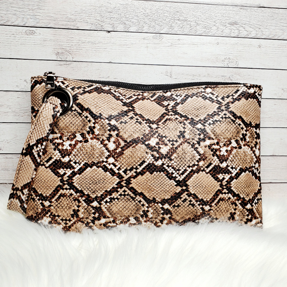 Large Tan Snakeskin Vegan Leather Wristlet Clutch